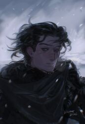  1boy 2026 a_song_of_ice_and_fire black_hair chromatic_aberration cloak closed_mouth commentary english_commentary game_of_thrones highres hxjiim3 jon_snow male_focus outdoors scar scar_on_face short_hair signature snowing solo 