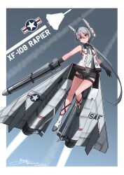  1girl absurdres aircraft airplane artist_name bare_legs bare_shoulders dated engine english_commentary fighter_jet floating gloves glowing_muzzle green_eyes highres instrument mecha_musume military military_vehicle original personification rapier short_hair sky sword teisei_misagi weapon white_hair xf-108 