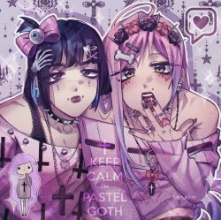  2girls alien_stage artist_name black_choker black_hair bone_hair_ornament bow bra_strap choker closed_mouth commentary cross english_commentary english_text eyeball_hair_ornament flower_hairband hair_bow hair_ornament hairband hairclip heart heart_ring highres mizi_(alien_stage) mizukke multiple_girls open_mouth pentagram_necklace pill pink_hair pink_sweater skull_ring spiked_choker spiked_hairband spikes spoken_heart sua_(alien_stage) sweater tooth_hair_ornament violet_eyes yellow_eyes 