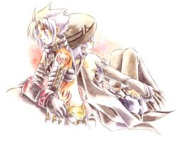  .hack// .hack//g.u. 1boy 1girl arm_belt back-to-back bare_shoulders belt black_belt black_cape black_gloves black_hat black_sleeves black_thighhighs cape closed_eyes closed_mouth commentary_request detached_sleeves facial_mark frilled_sleeves frills gloves grey_hair hakugekka haseo_(.hack//) hat knees_up leaning_back lightning_bolt_facial_mark lightning_bolt_symbol long_sleeves looking_ahead lowres midriff multiple_belts painting_(medium) red_background red_eyes shino_(.hack//) short_hair shoulder_tattoo sitting stomach_tattoo tattoo thigh-highs traditional_media watercolor_(medium) white_background 