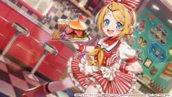  1girl americana apron bar_counter bar_stool blonde_hair blue_eyes bow burger carhop copyright_name cup diner disposable_cup dress employee_uniform fast_food fast_food_uniform food frilled_apron frills hair_bow hair_ornament hairclip hatsune_miku_logic_paint_s headphones headset highres holding holding_tray kagamine_rin leg_warmers looking_at_viewer neckerchief official_art open_mouth puffy_short_sleeves puffy_sleeves restaurant sawashi_(ur-sawasi) short_hair short_sleeves soda stool striped_bow striped_clothes striped_dress tray treble_clef vocaloid waist_apron waitress white_apron x_hair_ornament yellow_neckerchief 