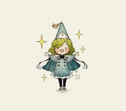  1girl artist_name black_pants blonde_hair blue_hat blue_robe blush_stickers chibi chibi_only coco_(tongari_boushi_no_atelier) flonflonflon full_body hat open_mouth outstretched_arms pants qifrey's_atelier_apprentice_uniform robe short_hair simple_background smile solo sparkle standing swept_bangs tongari_boushi_no_atelier 