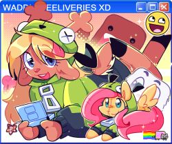  2girls antlers antonymph awesome_face blonde_hair brown_fur character_charm charm_(object) cosplay deer_girl deltarune domo-kun fluttershy fred_flintstone furry furry_female gir_(dog_costume)_(invader_zim) gir_(invader_zim) gir_(invader_zim)_(cosplay) gloomy_bear handheld_game_console highres horns itazuraguma_no_gloomy multiple_girls nhk_(broadcaster) nintendo_ds noelle_holiday pegasus pikamimikirby-77 reindeer_antlers reindeer_girl siivagunner stuffed_toy utdr_(toby_fox) window_(computing) 