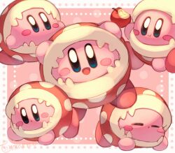  :d apple blue_eyes blush_stickers border closed_eyes closed_mouth commentary_request cosplay food fruit highres holding holding_food holding_fruit kirby kirby_(series) no_humans open_mouth outside_border pink_background piranha_plant piranha_plant_(cosplay) signature smile super_mario_bros. tokkakyou white_border 