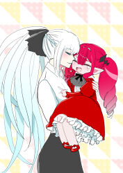  2girls aged_down baobhan_sith_(fate) closed_eyes crying dress drill_hair fate/grand_order fate_(series) morgan_le_fay_(chaldea_satellite_station)_(fate) morgan_le_fay_(fate) mother_and_child mother_and_daughter multiple_girls open_mouth parent_and_child pink_hair pointy_ears ponytail red_dress shirt twin_drills uehara_inco white_hair white_shirt 