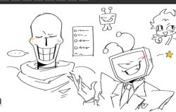  ... 2025 2boys 2d ant_tenna armor cape closed_eyes commentary cropped_shoulders crt deltarune digital_media eliasvrk english_commentary gloves grin hand_up head_tilt humanoid humanoid_robot long_sleeves male male_focus male_only monochrome monster monster_boy multiple_boys necktie no_eyes object_head papyrus_(undertale) pointy_nose radio_antenna robot robot_boy simple_background skeleton smile spoken_ellipsis star_(symbol) straight-on suit sweat teeth television undead undertale utdr_(toby_fox) white_background 