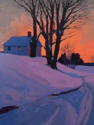  bare_tree dusk highres house jimmusilpainter no_humans orange_sky original outdoors scenery sky snow tree winter 