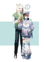  1boy 1other absurdres adoptive_siblings androgynous animal_ears asriel_dreemurr baggy_clothes blowing_bubble_gum brown_hair chewing_gum deltarune furry furry_male goat_boy green_sweater headphones highres hikokisleep247 horns kris_(deltarune) long_sleeves open_mouth red_eyes short_hair siblings simple_background striped_clothes striped_sweater sweater utdr_(toby_fox) yellow_eyes 