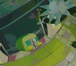  73sitimi bug cable charjabug highres indoors mandibles no_humans open_mouth pokemon pokemon_(creature) pokemon_focus pokemon_sun_and_moon pokemon_ultra_sun_and_ultra_moon railroad_tracks rectangular_eyes spikes subway_station tile_floor tiles xurkitree 