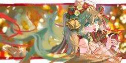  1girl absurdres bell blurry blurry_background clothing_cutout cup floating_hair floating_ribbon food-themed_hair_ornament from_side fruit_hair_ornament green_eyes green_hair green_hairband green_scarf hair_bell hair_ornament hairband hat hatsune_miku highres holding holding_cup long_hair long_sleeves looking_at_viewer multicolored_hairband red_hairband red_nails red_ribbon red_scarf ribbon scarf shoulder_cutout solo soybee_102 sweater teeth twintails two-tone_hairband two-tone_scarf upper_teeth_only very_long_hair vocaloid 
