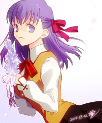  1girl black_skirt brown_vest fate/stay_night fate_(series) flower fujihana_(mugenpixel) hair_ribbon holding holding_flower homurabara_academy_school_uniform long_hair matou_sakura neck_ribbon purple_hair red_ribbon ribbon school_uniform shirt skirt solo vest violet_eyes white_background white_shirt 
