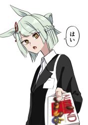  1girl absurdres animal_ears black_jacket bob_cut braid brown_eyes censored commentary crown_braid ear_ribbon foreshortening from_side fujimasa_march_(umamusume) giving green_hair half_updo highres horse_ears horse_girl jacket kakuteru_sudachi kasamatsu_tracen_school_uniform long_sleeves looking_at_viewer mosaic_censoring multicolored_jacket open_mouth school_uniform shibasaki_kouichi shirt short_hair simple_background solo translated two-tone_jacket umamusume umamusume:_cinderella_gray upper_body white_background white_jacket white_shirt wing_collar 