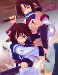  ... 1boy 2girls ainu_clothes animal_ears aruruu baseball_bat blood brown_hair dog_ears eruruu hakuowlo hand_up higurashi_no_naku_koro_ni knife lasterk layered_sleeves long_hair long_sleeves mask multiple_girls o-ring parody revision short_hair smile teeth tongue upper_teeth_only utawarerumono 
