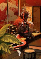 2boys absurdres black_jacket black_pants black_sclera blurry blurry_foreground braid colored_sclera commentary_request dragon_tail earrings furrification furry furry_male gensyuuu grin hand_in_pocket highres horns ibaraki_douji_(onmyoji) indoors jacket jewelry looking_ahead male_focus multiple_boys onmyoji pants red_hair red_shirt shirt shuten_douji_(onmyoji) sitting smile tail white_hair wooden_floor 