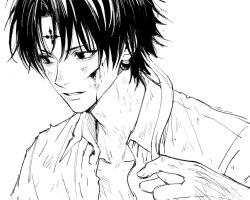  1boy blood blood_on_face chrollo_lucilfer closed_mouth collared_shirt cross_tattoo cuts earrings forehead_tattoo hunter_x_hunter injury jewelry male_focus open_clothes open_shirt shirt short_hair simple_background solo spendthesummer tattoo teeth white_background 
