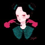  black_background blending blush double_bun expressionless gloves hair_bun highres holding holding_jewelry holding_necklace jewelry necklace original outline portrait red_eyes red_gloves red_outline signature simple_background umauma_taiyaki 