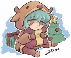  1girl :t alternate_costume animal_costume animal_hood aqua_hair bags_under_eyes box brown_eyes cheek_press chibi christmas_tree commentary empty_eyes gift gift_box hood hood_up hugging_object jitome kimi_no_koto_ga_dai_dai_dai_dai_daisuki_na_100-nin_no_kanojo nemui_nemu pillow pillow_hug reindeer_costume reindeer_hood signature simple_background sitting solo spanish_commentary zarcon 