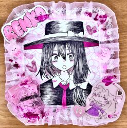  3girls :o asymmetrical_sidelocks black_eyes black_hair black_hat blonde_hair blush blush_stickers bow censored censored_identity character_name character_request closed_mouth collared_dress collared_shirt commentary contrast_collar crescent dress frilled_dress frills hair_between_eyes hair_bow haruka_yoppa hat hat_bow heart highres long_hair long_sleeves maribel_hearn mob_cap multiple_girls necktie open_mouth pink_bow purple_dress red_necktie shirt sidelocks smile touhou usami_renko white_bow white_hat white_shirt wide_brim 