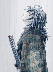  1boy black_hair black_jacket blue_eyes buttons closed_eyes closed_mouth demon_slayer_uniform empty_eyes hair_between_eyes haori head_back highres jacket japanese_clothes katana kikkoumon kimetsu_no_yaiba kuu9373 long_hair low_ponytail male_focus ponytail print_haori rain solo spiky_hair standing sword tomioka_giyuu watermark weapon 
