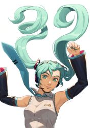  1girl aegyo_sal aqua_eyes aqua_hair armpits arms_up backlighting bare_shoulders black_sleeves blue_nails blue_necktie blue_trim breasts closed_mouth collared_shirt commentary detached_sleeves double-parted_bangs english_commentary film_grain floating_hair frilled_shirt frilled_shirt_collar frills grey_shirt hair_between_eyes hair_ornament hatsune_miku headphones headset highres lips long_hair long_sleeves looking_at_viewer miku_day necktie nostrils red_sleeves shirt sidelocks simple_background single_hair_intake sleeveless sleeveless_shirt small_breasts smile solo turning_head twintails two-sided_sleeves upper_body very_long_hair vocaloid white_background xxlunawarriorxx 