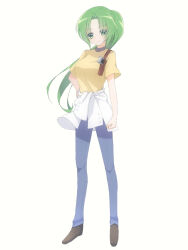  1girl black_shoes blue_pants breasts closed_mouth clothes_around_waist commentary_request decoco green_eyes green_hair hand_on_own_hip higurashi_no_naku_koro_ni large_breasts long_hair looking_at_viewer pants parted_bangs ponytail shirt shoes short_sleeves simple_background solo sonozaki_mion white_background yellow_shirt 