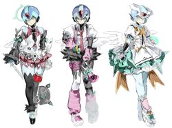  1boy android aria_(zenless_zone_zero) aria_(zenless_zone_zero)_(cosplay) arm_warmers bag bare_shoulders black_skirt black_thighhighs blue_bodysuit blue_helmet bodysuit clothing_cutout collared_shirt cosplay crossdressing crossdressing_(mtf) cyber_elf_x_(mega_man) dress frown full_body fur-trimmed_skirt fur_trim green_eyes halo hbmise helmet leg_warmers looking_at_viewer male_focus mega_man_(series) mega_man_x_(series) mega_man_zero_(series) miniskirt multiple_thigh_straps multiple_views nangong_yu nangong_yu_(cosplay) navel_cutout necktie open_mouth pink_arm_warmers pink_bag pink_leg_warmers puffy_short_sleeves puffy_sleeves shirt short_dress short_sleeves single_thighhigh skirt solo striped_arm_warmers striped_leg_warmers sunna_(zenless_zone_zero) sunna_(zenless_zone_zero)_(cosplay) thigh-highs thigh_strap trap white_dress white_shirt winged_bag x_(mega_man) zenless_zone_zero 