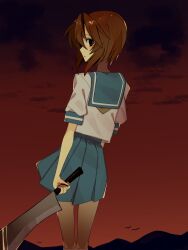  1girl :o absurdres bana_na0604p blue_sailor_collar blue_skirt blush commentary_request highres higurashi_no_naku_koro_ni holding_machete looking_at_viewer nata_(tool) orange_background orange_hair pleated_skirt ryuuguu_rena sailor sailor_collar short_hair short_sleeves skirt solo 