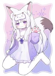  1girl :3 animal_ear_fluff animal_ears animal_feet animal_hands babydoll barefoot border check_copyright commission copyright_request fox_ears fox_girl fox_tail furry furry_female highres long_hair looking_at_viewer mask mask_on_head nightgown original pawpads pemi_(spommmm) sitting skeb_commission sleep_mask solo tail violet_eyes wariza white_babydoll white_border white_fur white_hair white_nightgown 