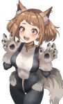  1girl absurdres animal_ears animal_hands black_bodysuit bodysuit boku_no_hero_academia brown_eyes brown_hair claw_pose gloves highres looking_at_viewer multicolored_bodysuit multicolored_clothes open_mouth paw_gloves short_hair simple_background solo superhero tail uraraka_ochako white_background white_bodysuit wolf_ears wolf_girl wolf_tail zd_(pixiv6210083) 