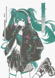  1girl absurdres aqua_eyes aqua_hair aqua_shirt black_boots black_choker black_jacket black_skirt boots choker crop_top dot_nose english_text hand_in_pocket hand_on_headphones hatsune_miku headphones highres holdwatermaster jacket looking_to_the_side mercedes-benz midriff patch shirt skirt solo spot_color twintails vocaloid white_background 