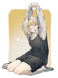  1girl black_shoes black_shorts blonde_hair blunt_ends border closed_eyes collared_shirt commentary facing_viewer fang full_body grey_hair highres kromer_(project_moon) limbus_company long_sleeves project_moon shirt shoes shorts simple_background sitting skin_fang smile socks solo stretching toeiki_c untranslatable_commentary wariza white_border white_shirt white_socks yellow_background 