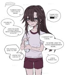  1girl akaruiakiki alternate_universe april_fools asymmetrical_bangs bluesky_username bottle brown_hair commentary cowboy_shot dream_journey_(umamusume) english_commentary glasses grey_eyes gym_shirt gym_shorts gym_uniform hair_between_eyes hatching_(texture) highres holding holding_bottle humanization linear_hatching long_hair looking_at_viewer muted_color ponytail red_shorts semi-rimless_eyewear shirt shorts sidelocks simple_background solo speech_bubble sweat thought_bubble twitter_username umamusume under-rim_eyewear water_bottle watermark watermark_grid white_background white_shirt 