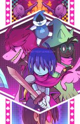  1girl 1other 2019 2boys 2d ambiguous_gender animal_ears anthro armor axe black_bracelet black_fur black_jacket blue_background blue_hair blue_skin blue_tongue body_fur bodysuit bracelet c._round checkered_background colored_skin colored_teeth colored_tongue commentary creature crown deltarune digital_media droopy_ears dual_persona english_commentary fangs female floppy_ears furry furry_male gauntlets glasses goat goat_boy green-framed_eyewear green_hat green_robe grid_background hair_over_eyes hat holding holding_axe holding_sword holding_weapon horns human jacket k._round kris_(dark_world)_(deltarune) kris_(deltarune) lancer_(deltarune) leg_up lizard lizard_girl long_hair long_sleeves male marcotte monster monster_girl multicolored_background multiple_boys pants pillarboxed pink_hair pink_scarf pink_skin purple_background purple_pants ralsei ralsei_(hat) red_eyes reptile reptile_girl robe round_eyewear scalie scarf sharp_teeth short_hair sleeveless sleeveless_jacket spade_(shape) spiked_bracelet susie_(dark_world)_(deltarune) susie_(deltarune) sword teeth the_fun_gang tongue tongue_out utdr_(toby_fox) weapon wizard_hat yellow_teeth 