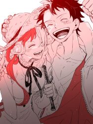  1girl 62kaeru ^_^ closed_eyes commentary_request dress hat highres holding monkey_d._luffy multicolored_hair neck_ribbon one_piece one_piece_film:_red open_clothes open_mouth open_shirt red_shirt ribbon scar scar_on_chest scar_on_face shirt short_hair simple_background sleeveless sleeveless_dress smile straw_hat two-tone_hair uta_(one_piece) 