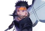  1boy absurdres alternate_costume alternate_universe black_hair dreamsinyoursin forehead_protector from_above goggles heterochromia highres kunai long_sleeves looking_at_viewer male_focus naruto_(series) naruto_shippuuden red_eyes rinnegan sharingan short_hair solo spiky_hair uchiha_obito upper_body weapon weapon_in_mouth wrinkled_skin 