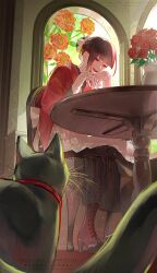  1girl absurdres animal black_boots black_cat black_hair black_skirt blunt_bangs boots cat chair commentary_request flower full_body gloves hair_bun hands_up high_heel_boots high_heels highres indoors japanese_clothes kimono lace-up_boots long_sleeves looking_down on_chair open_mouth original own_hands_together red_eyes red_flower red_kimono red_rose rose single_hair_bun sitting skirt slice_of_life smile solo stained_glass table user_hrsn7237 vase white_gloves window 