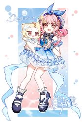  1girl absurdres ahoge animal back_bow bare_shoulders beads beret blue_background blue_bow blue_bowtie blue_choker blue_dress blue_shoes blue_sleeves blue_wrist_cuffs border bow bow_choker bowtie brooch brown_eyes bubbly_voyage_(infinity_nikki) cat chinese_commentary choker cloak clothed_animal commentary_request detached_sleeves dot_nose dress ear_covers eyelashes footwear_bow frilled_choker frilled_dress frilled_sleeves frilled_socks frilled_wrist_cuffs frills full_body fwxcfq hair_ornament hair_rings hairclip happy hat hat_bow hat_ornament highres holding holding_animal holding_cat hood hood_up hooded_cloak infinity_nikki jewelry mary_janes momo_(nikki) nikki_(nikki) nikki_(series) offering_hand official_alternate_costume open_mouth outline outside_border paw_print pink_background pink_hair pleated_dress rabbit_hair_ornament shoes short_dress short_hair_with_long_locks short_sleeves sidelocks smile socks solo standing star_(symbol) star_choker star_hat_ornament strapless strapless_dress striped_clothes striped_dress tareme two-tone_background vertical-striped_clothes vertical-striped_dress wavy_hair whiskers white_border white_cat white_hat white_outline white_socks wrist_cuffs x_navel yellow_cloak 