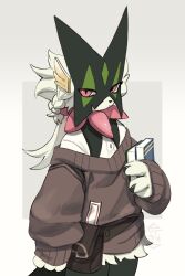  book brown_sweater clothed_pokemon commentary english_commentary green_fur grey_background highres holding holding_book looking_at_viewer mask meowscarada pink_eyes pokemon pokemon_(creature) shirt solo sweater white_shirt yuureii 