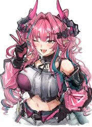  1girl arknights arknights:_endfield bare_shoulders black_gloves black_horns blue_eyes blush breasts commentary_request diamond_in_eye dragon_girl dragon_horns dragon_tail gloves hair_intakes hair_on_horn hand_on_own_hip highres horns large_breasts long_hair looking_at_viewer multicolored_gloves multicolored_hair multicolored_horns navel one_eye_closed open_mouth pants pink_gloves pink_hair pink_horns pink_sleeves pink_tube_top pointy_ears sakutein_oekaki smile solo strapless streaked_hair tail tube_top two-sided_gloves two-tone_gloves two-tone_horns v white_pants yvonne_(arknights) 