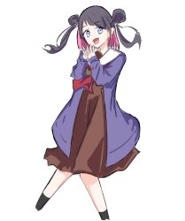  1girl :d black_hair brown_dress cardigan colored_inner_hair commentary_request cropped_legs double_bun dress fang hair_bun hasu_no_sora_school_uniform highres link!_like!_love_live! long_sleeves looking_at_viewer love_live! medium_dress mifukuzawa multicolored_hair neckerchief open_mouth pink_hair pleated_dress purple_cardigan red_neckerchief sailor_collar sailor_dress school_uniform shirin_mion skin_fang smile solo steepled_fingers two_side_up violet_eyes virtual_youtuber white_sailor_collar winter_uniform 