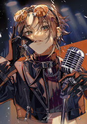  1boy absurdres ahoi black_gloves black_jacket brown_hair commentary_request crop_top cropped_jacket cropped_sweater ear_piercing eyewear_on_head gloves grey_eyes highres jacket long_sleeves male_focus microphone microphone_stand mysta_rias nijisanji nijisanji_en open_clothes open_jacket parted_lips piercing ribbed_sweater round_eyewear short_hair signature solo sunglasses sweater turtleneck turtleneck_sweater twitter_username upper_body virtual_youtuber 