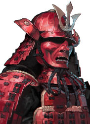  1other aoin armor covered_face dou from_side helmet japanese_armor kabuto_(helmet) kote original red_mask samurai shoulder_armor simple_background sode solo upper_body white_background 
