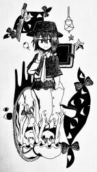  3girls asymmetrical_sidelocks black_capelet black_hat black_skirt book bow buttons capelet closed_mouth collarbone collared_dress collared_shirt commentary disembodied_eye dress expressionless eyeball frilled_shirt_collar frills gap_(touhou) grey_background greyscale hair_between_eyes hair_bow haruka_yoppa hat hat_ribbon highres holding holding_knife knife light_bulb long_hair long_sleeves maribel_hearn mirror mob_cap monochrome multiple_girls necktie no_eyes ribbon shirt short_hair sidelocks simple_background skirt smile star_(symbol) touhou usami_renko white_hat white_shirt yakumo_yukari yukari_is_merry_theory_(touhou) 