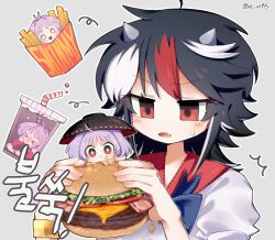  2girls :t bacon black_hair blue_bow blue_bowtie blush bow bowl bowl_hat bowtie burger cheese chibi cola collar commentary eating fang food french_fries grey_background hat highres holding holding_burger holding_food jitome kijin_seija kiwi_(x_x915) medium_hair mini_person minigirl multicolored_hair multiple_girls multiple_views open_mouth portrait puffy_short_sleeves puffy_sleeves purple_hair red_collar red_eyes red_hair red_streaks sesame_seeds short_hair short_sleeves simple_background small_horns sparkling_eyes streaked_hair sukuna_shinmyoumaru sweatdrop tomato tomato_slice touhou untranslatable_commentary v-shaped_eyebrows white_streaks 