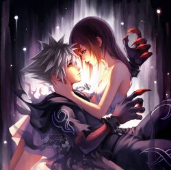  1boy 1girl alternate_color black_vs_white blue_eyes contrast face-to-face glowing hands_on_another's_face highres hollypolllyy jewelry kairi_(kingdom_hearts) kingdom_hearts kingdom_hearts_ii monsterification necklace nomura_tetsuya_(style) polar_opposites red_hair sora_(kingdom_hearts) spiky_hair 