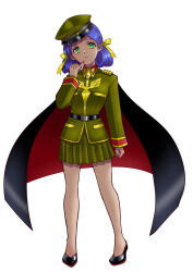 1girl belt bindi black_cape cape commentary_request derivative_work gundam hair_ribbon hat highres ikebukuro_maria lalah_sune looking_at_viewer military_hat military_rank_insignia military_uniform mobile_suit_gundam ribbon science_fiction skirt white_background zeon 