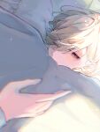 1boy blanket blonde_hair blush closed_mouth covering_mouth genshin_impact grey_background hair_over_one_eye highres hugging_object kisaragi_(kisaraggg_27) looking_at_viewer lyney_(genshin_impact) male_focus multicolored_background one_eye_covered pillow pillow_hug short_hair solo under_covers violet_eyes white_background 