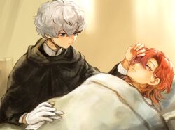  2boys black_cloak cloak closed_eyes closed_mouth commentary_request crying gloves grey_eyes grey_hair hand_on_own_forehead highres holding holding_gloves holding_unworn_clothes hood hood_down hooded_cloak indoors kuchinashi_dabi looking_at_another male_focus medium_hair mitsudomoe_koubou_(series) mole mole_under_eye multiple_boys oshi_no_taisetsuna_hito_ni_narikawaru short_hair sick single_unworn_glove tears tonimura_yui totsuzen_e under_covers unworn_gloves white_gloves yellow_background 