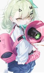  1girl absurdres arm_warmers backpack bag blue_skirt green_hair hair_ornament hairclip heart heart_hair_ornament highres holding holding_megaphone looking_at_viewer megaphone open_mouth pero_(peroneko0510) pink_arm_warmers randoseru revision shirt skirt solo standing striped_arm_warmers sunna_(zenless_zone_zero) white_shirt x_hair_ornament yellow_eyes zenless_zone_zero 