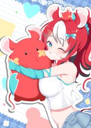  1girl absurdres animal_ears black_hair blue_eyes blush breasts cafelittle crop_top denim hair_ornament hair_ribbon hair_scrunchie hairclip hakos_baelz high_ponytail highres hololive hololive_english large_breasts mouse_(animal) mouse_ears mouse_girl mouse_on_head mouse_tail mr._squeaks_(hakos_baelz) multicolored_hair ponytail red_hair ribbon scrunchie smile streaked_hair tail virtual_youtuber white_hair 